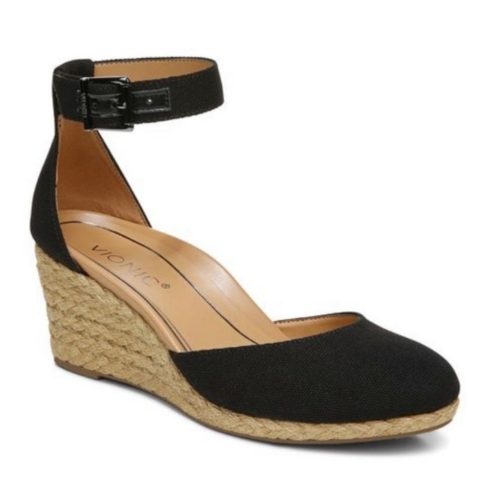 Vionic Black Wedges with Tan Sole